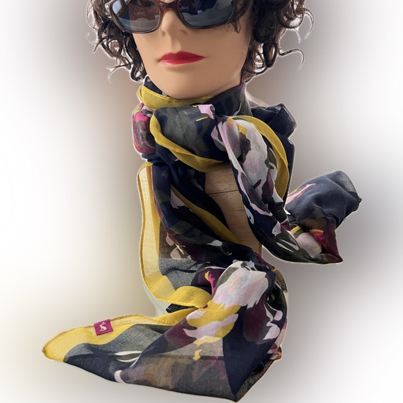 Like New Navy Scarf with Floral Print & Yellow Border—Joules Wensley 27.5” x 80” - Picture 5 of 17